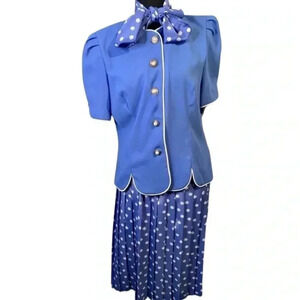 Vintage 1980’s Leslie Faye 3 Piece Set Sky Blue With Polka Dot Pleated Skirt